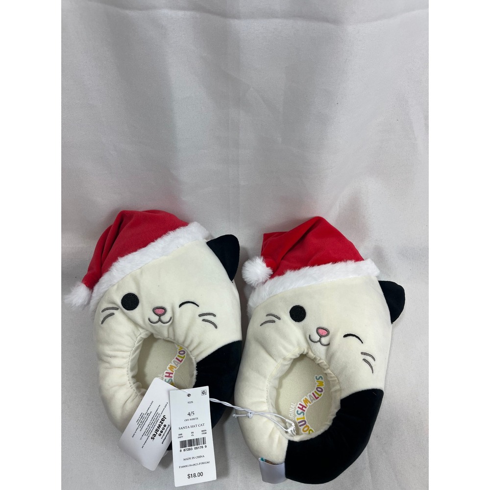 Squishmallows Santa Hat Cat Plush Slipper Off-White Black Christmas New Size 4/5